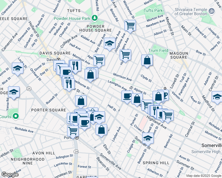 map of restaurants, bars, coffee shops, grocery stores, and more near 307 Highland Avenue in Somerville