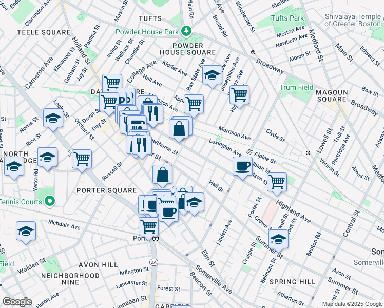 map of restaurants, bars, coffee shops, grocery stores, and more near 18 Charnwood Road in Somerville