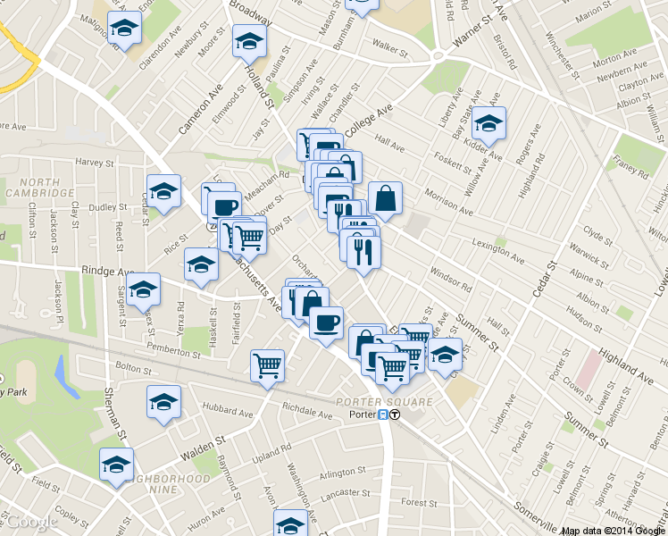 map of restaurants, bars, coffee shops, grocery stores, and more near 88 Orchard Street in Somerville