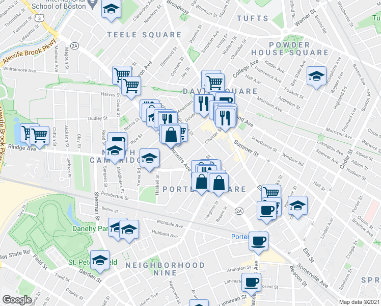 map of restaurants, bars, coffee shops, grocery stores, and more near 2192 Massachusetts Avenue in Cambridge