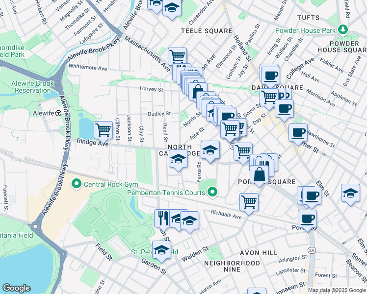 map of restaurants, bars, coffee shops, grocery stores, and more near 142 Rindge Avenue in Cambridge