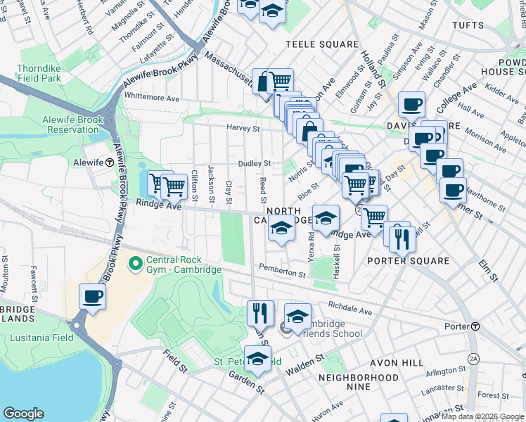 map of restaurants, bars, coffee shops, grocery stores, and more near in Cambridge