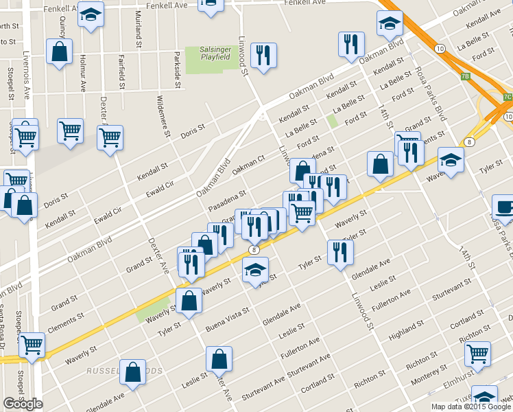 map of restaurants, bars, coffee shops, grocery stores, and more near 2902 Clements Street in Detroit