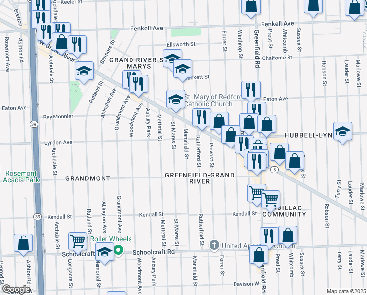 map of restaurants, bars, coffee shops, grocery stores, and more near 14385 Mansfield Street in Detroit