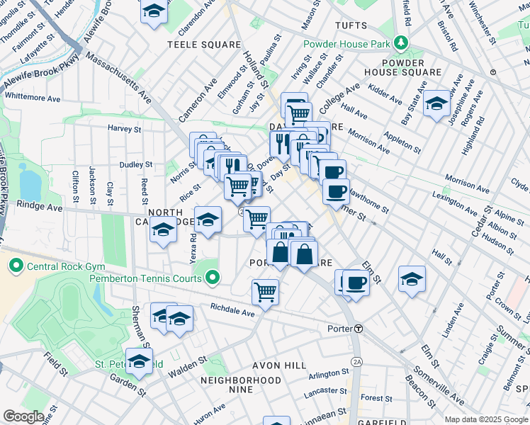 map of restaurants, bars, coffee shops, grocery stores, and more near 15 Chester Street in Cambridge