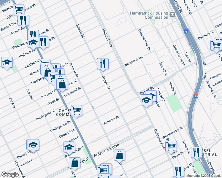 map of restaurants, bars, coffee shops, grocery stores, and more near 503 Rosedale Court in Detroit