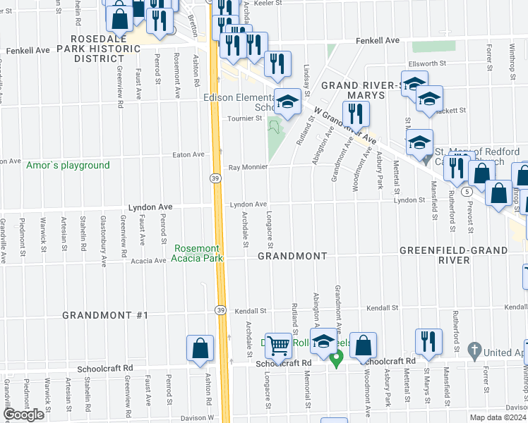 map of restaurants, bars, coffee shops, grocery stores, and more near 14447 Longacre Street in Detroit