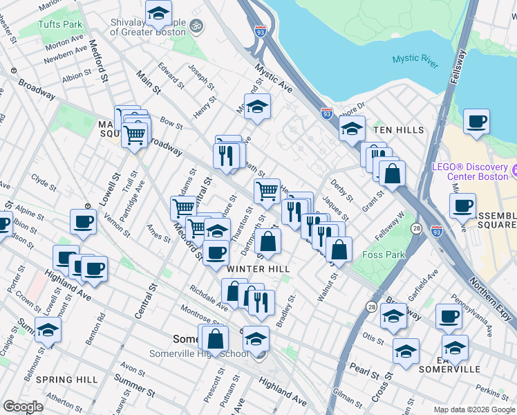 map of restaurants, bars, coffee shops, grocery stores, and more near 59 Dartmouth Street in Somerville