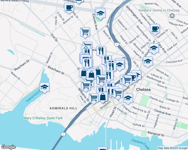 map of restaurants, bars, coffee shops, grocery stores, and more near 105 2nd Street in Chelsea