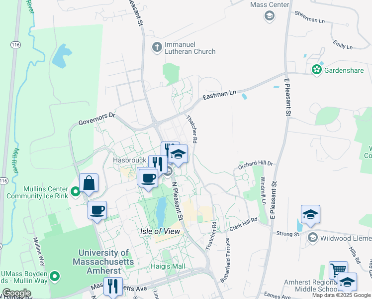 map of restaurants, bars, coffee shops, grocery stores, and more near 669 North Pleasant Street in Amherst