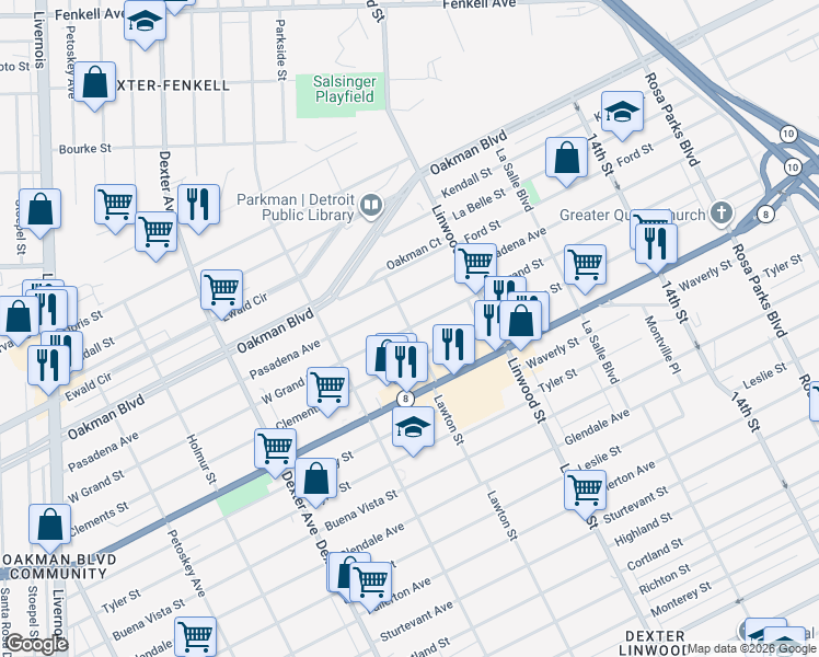 map of restaurants, bars, coffee shops, grocery stores, and more near 2902 Clements Street in Detroit