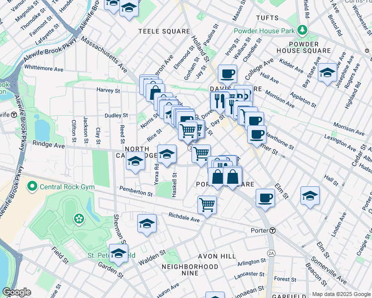 map of restaurants, bars, coffee shops, grocery stores, and more near 22 Haskell Street in Cambridge