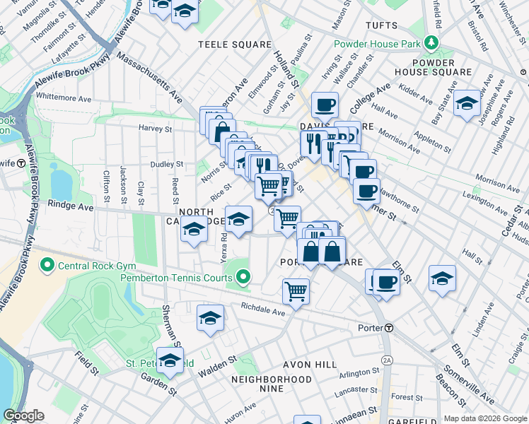 map of restaurants, bars, coffee shops, grocery stores, and more near 22 Haskell Street in Cambridge