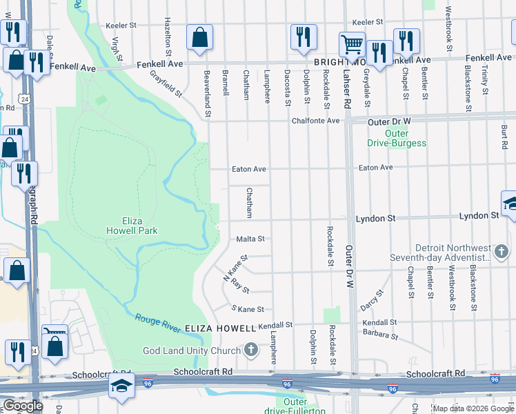 map of restaurants, bars, coffee shops, grocery stores, and more near 14536 Chatham Street in Detroit