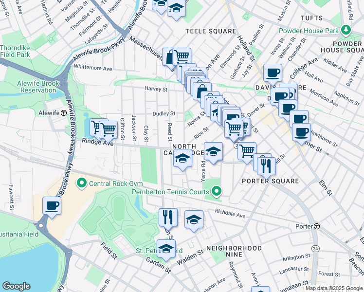 map of restaurants, bars, coffee shops, grocery stores, and more near 99 Rice Street in Cambridge