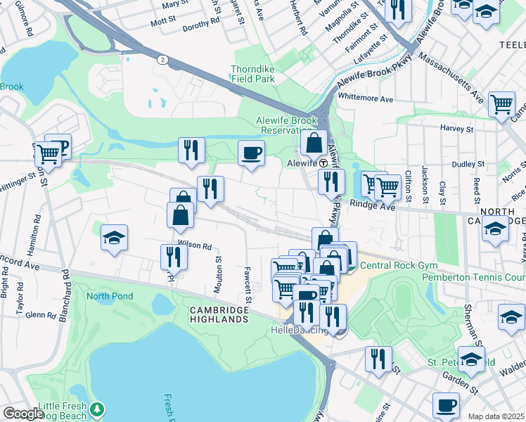 map of restaurants, bars, coffee shops, grocery stores, and more near 130 Cambridgepark Drive in Cambridge