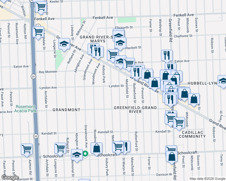 map of restaurants, bars, coffee shops, grocery stores, and more near 14434 Mettetal Street in Detroit