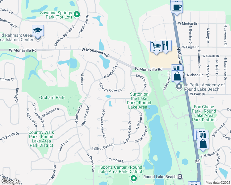 map of restaurants, bars, coffee shops, grocery stores, and more near 343 East Cherry Cove Lane in Round Lake Beach