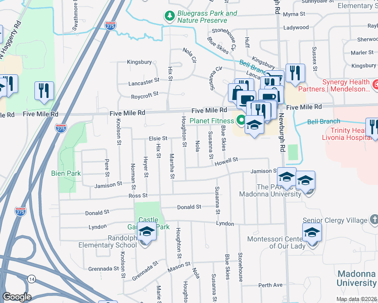 map of restaurants, bars, coffee shops, grocery stores, and more near 15033 Houghton Street in Livonia