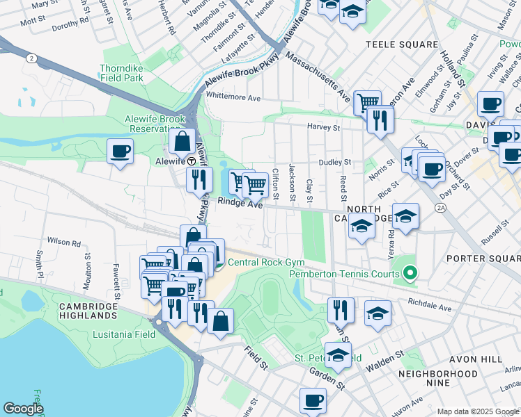 map of restaurants, bars, coffee shops, grocery stores, and more near 320 Rindge Avenue in Cambridge