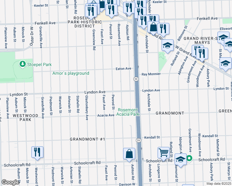 map of restaurants, bars, coffee shops, grocery stores, and more near 14411 Penrod Street in Detroit
