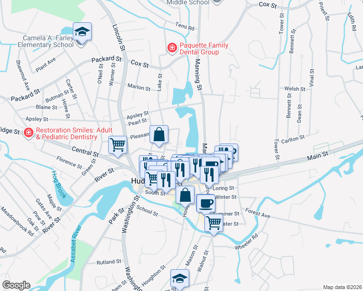 map of restaurants, bars, coffee shops, grocery stores, and more near 39 Church Street in Hudson