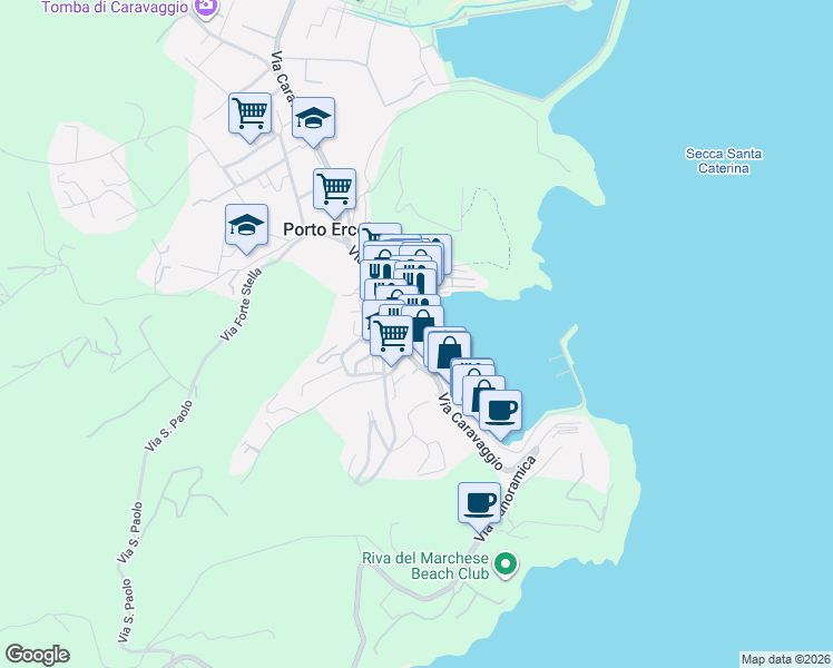 map of restaurants, bars, coffee shops, grocery stores, and more near 22 Lungomare Andrea Doria in Porto Ercole