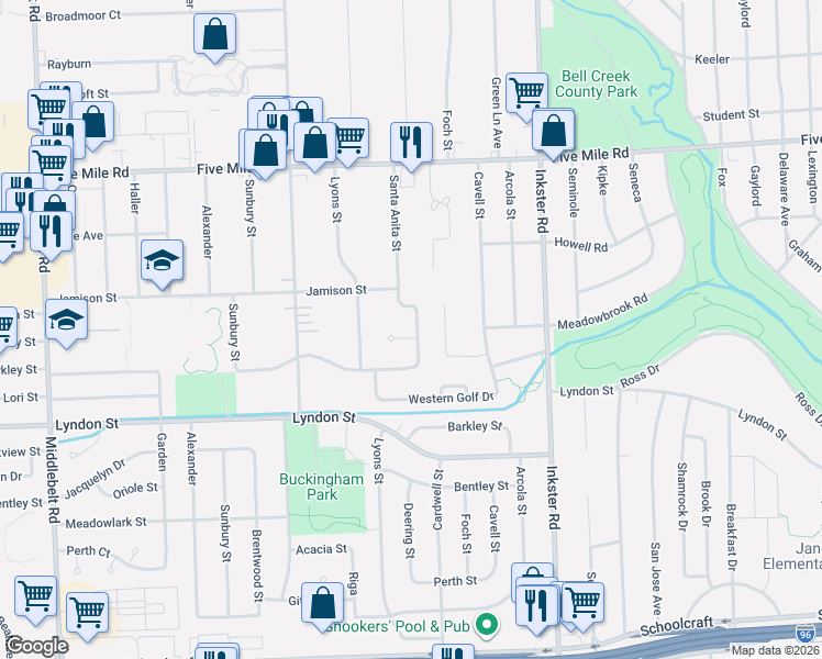 map of restaurants, bars, coffee shops, grocery stores, and more near 27875 Meadowbrook Street in Livonia