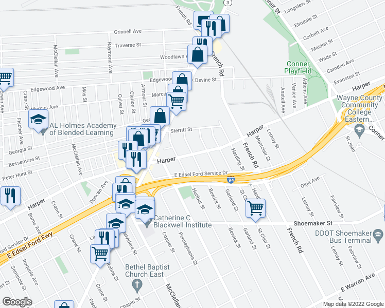 map of restaurants, bars, coffee shops, grocery stores, and more near Harper Ave & Bewick St in Detroit