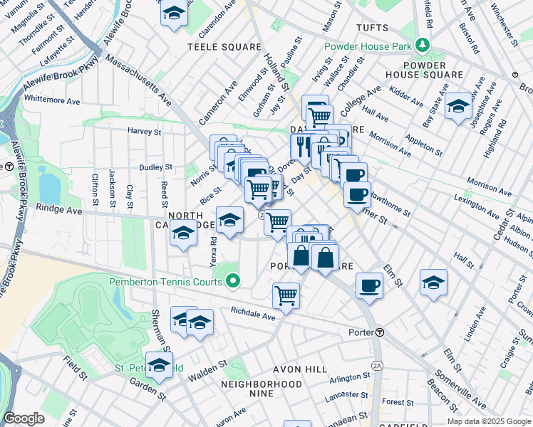 map of restaurants, bars, coffee shops, grocery stores, and more near 2225 Massachusetts Avenue in Cambridge