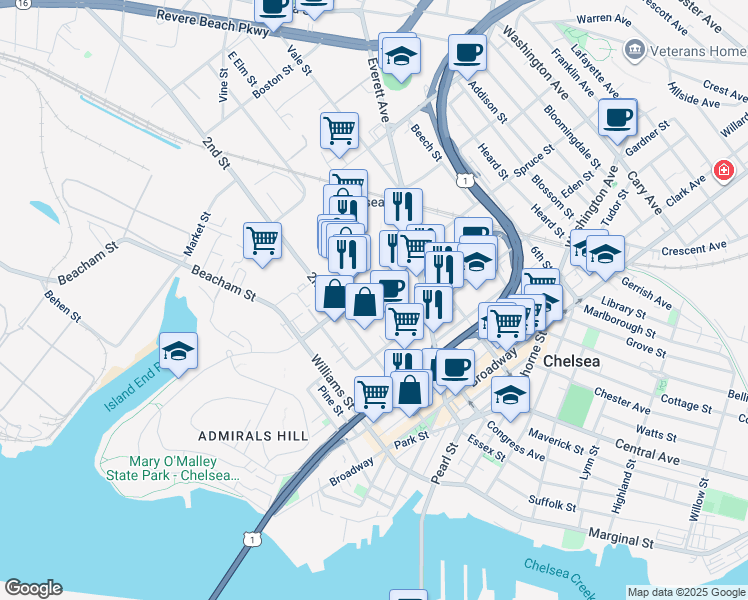 map of restaurants, bars, coffee shops, grocery stores, and more near 105 2nd Street in Chelsea
