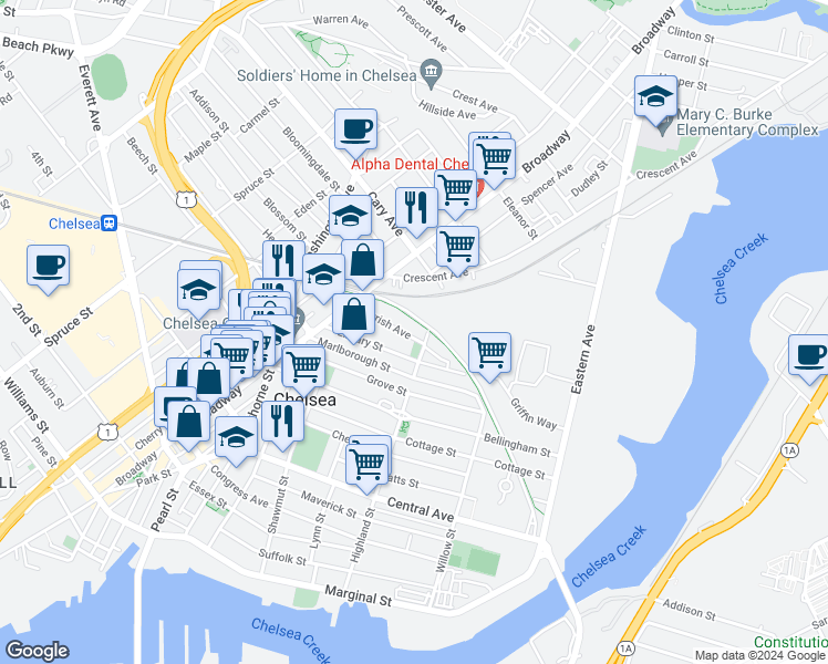 map of restaurants, bars, coffee shops, grocery stores, and more near 56 Gerrish Avenue in Chelsea