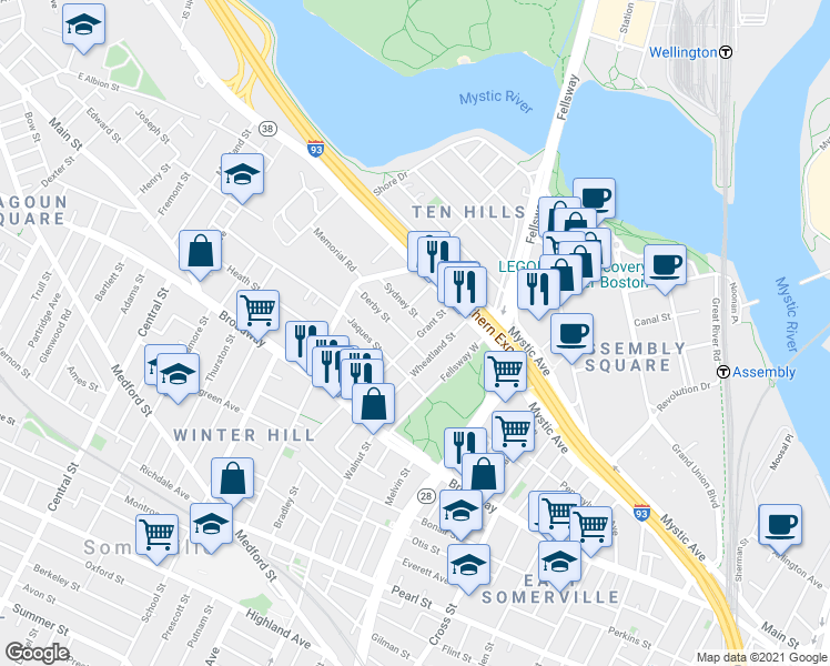 map of restaurants, bars, coffee shops, grocery stores, and more near 19 Jaques Street in Somerville