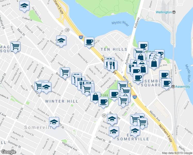 map of restaurants, bars, coffee shops, grocery stores, and more near 19 Jaques Street in Somerville