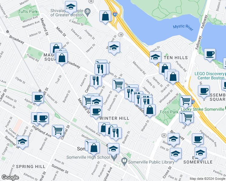 map of restaurants, bars, coffee shops, grocery stores, and more near 59 Dartmouth Street in Somerville