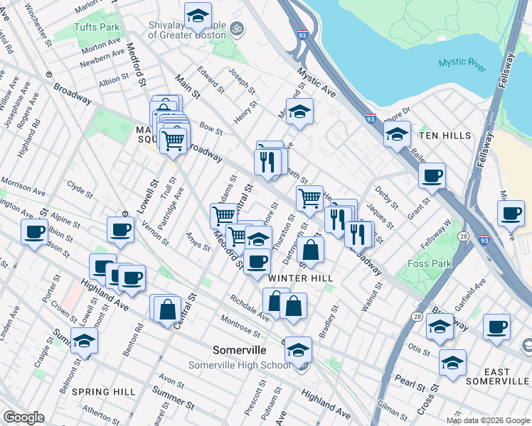 map of restaurants, bars, coffee shops, grocery stores, and more near 138 Sycamore Street in Somerville