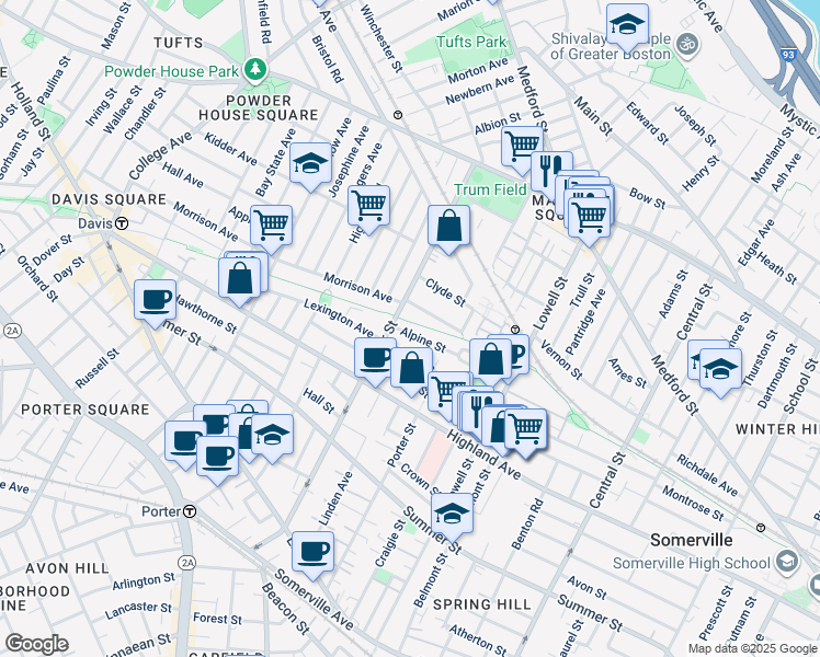 map of restaurants, bars, coffee shops, grocery stores, and more near 159 Albion Street in Somerville