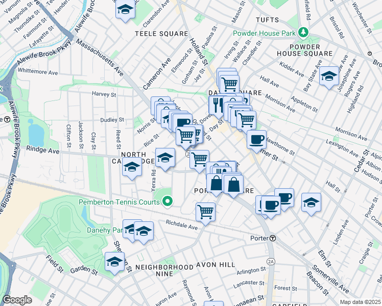 map of restaurants, bars, coffee shops, grocery stores, and more near 2192 Massachusetts Avenue in Cambridge
