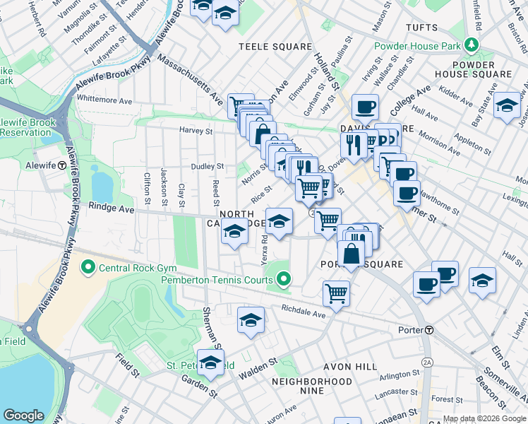 map of restaurants, bars, coffee shops, grocery stores, and more near 89 Rindge Avenue in Cambridge