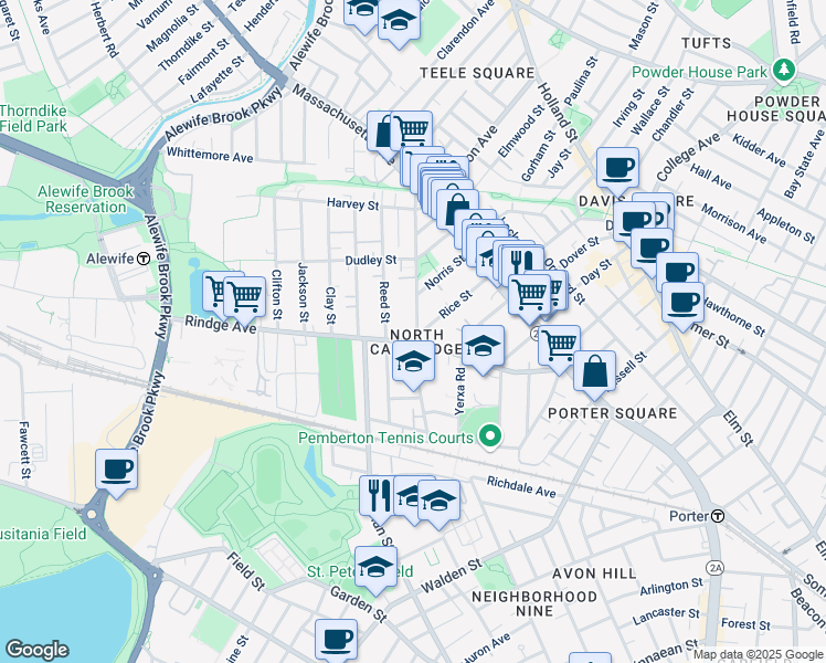map of restaurants, bars, coffee shops, grocery stores, and more near in Cambridge