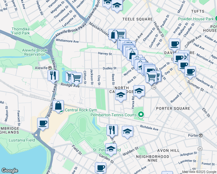 map of restaurants, bars, coffee shops, grocery stores, and more near 195 Sherman Street in Cambridge