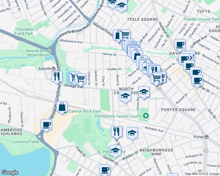 map of restaurants, bars, coffee shops, grocery stores, and more near 195 Sherman Street in Cambridge