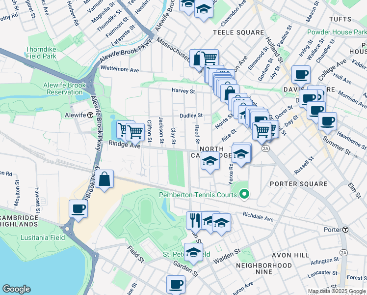 map of restaurants, bars, coffee shops, grocery stores, and more near 195 Sherman Street in Cambridge