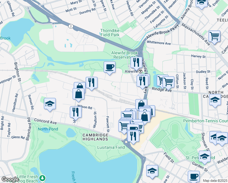 map of restaurants, bars, coffee shops, grocery stores, and more near 130 Cambridgepark Drive in Cambridge