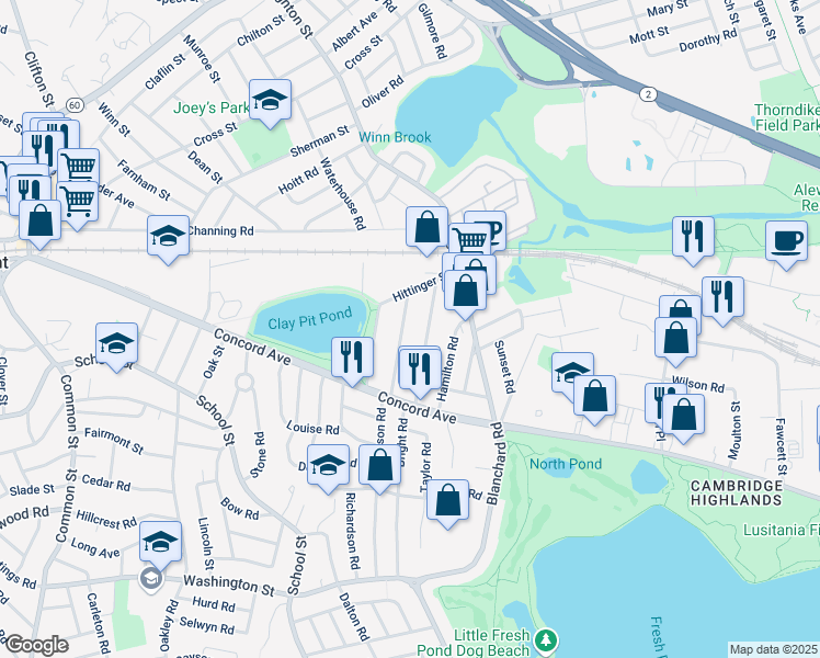 map of restaurants, bars, coffee shops, grocery stores, and more near 47 Baker Street in Belmont