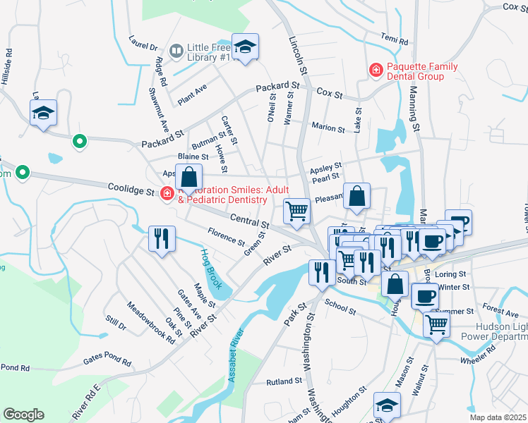 map of restaurants, bars, coffee shops, grocery stores, and more near 42 Central Street in Hudson