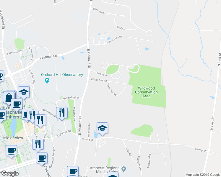 map of restaurants, bars, coffee shops, grocery stores, and more near 497 East Pleasant Street in Amherst