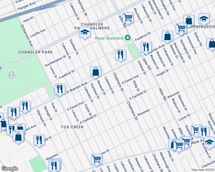 map of restaurants, bars, coffee shops, grocery stores, and more near 4707 Lakewood Street in Detroit