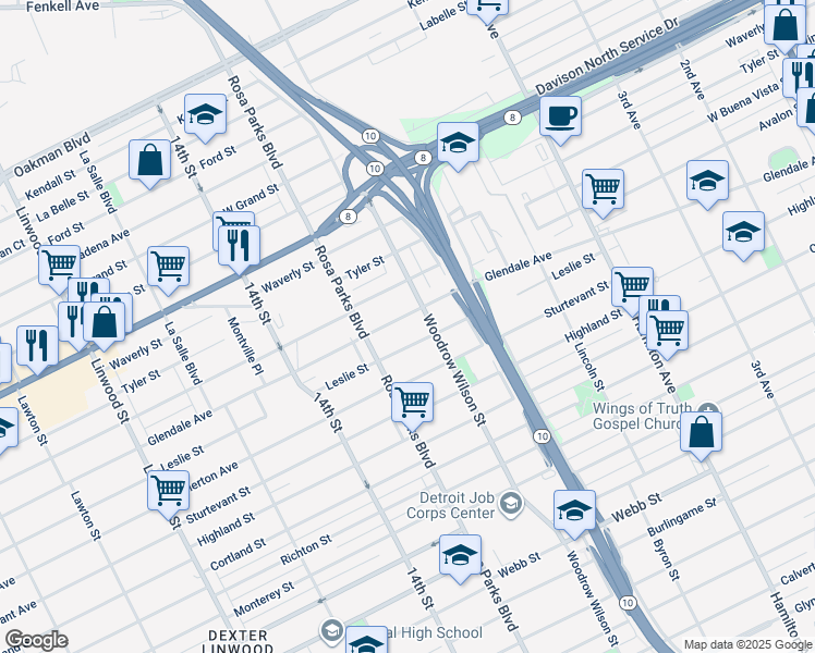 map of restaurants, bars, coffee shops, grocery stores, and more near 1643 Leslie Street in Detroit