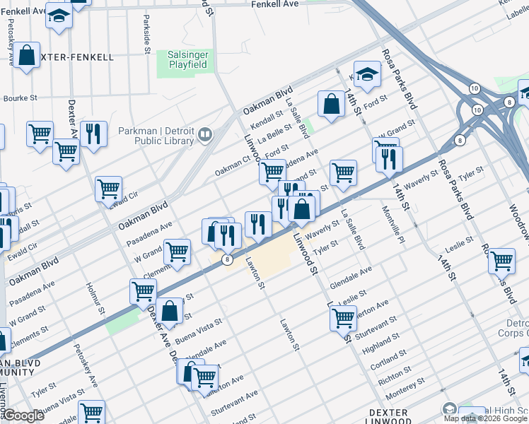 map of restaurants, bars, coffee shops, grocery stores, and more near 2689 Clements Street in Detroit
